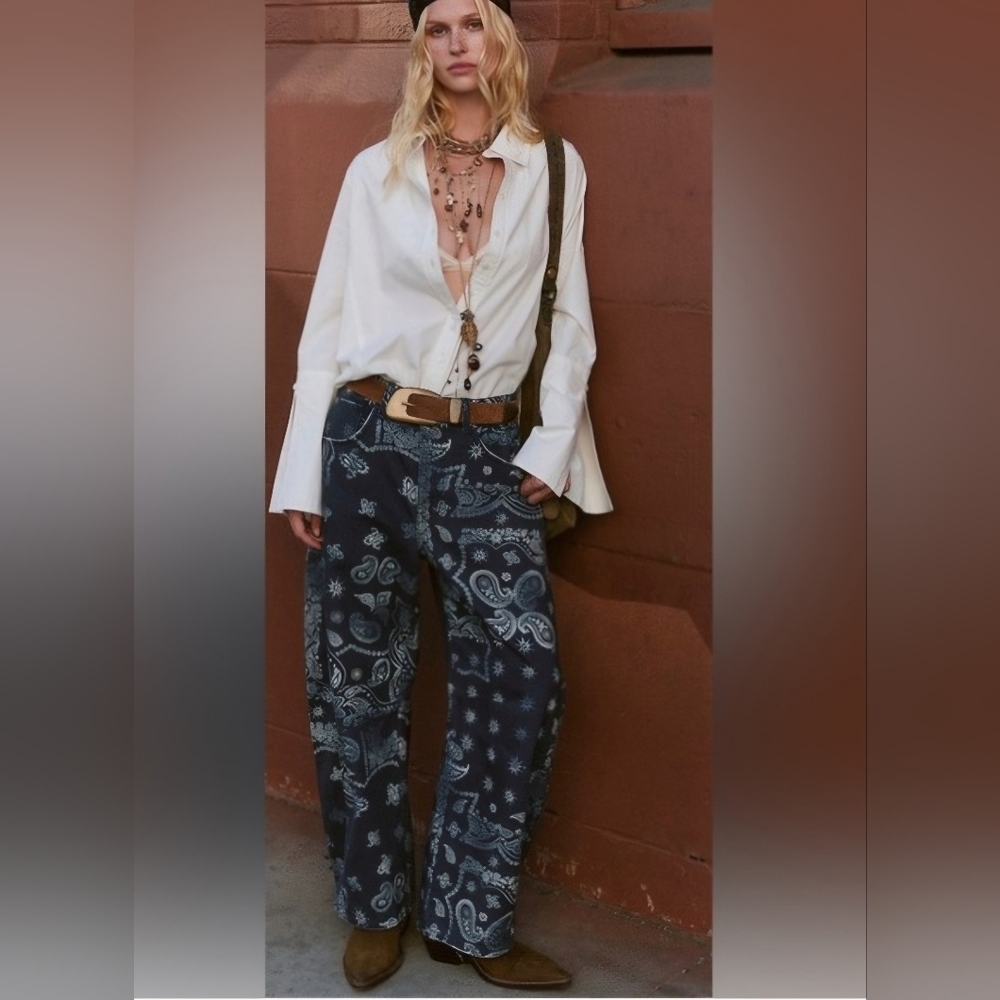 Free People Navy Paisley Wide Leg Jeans